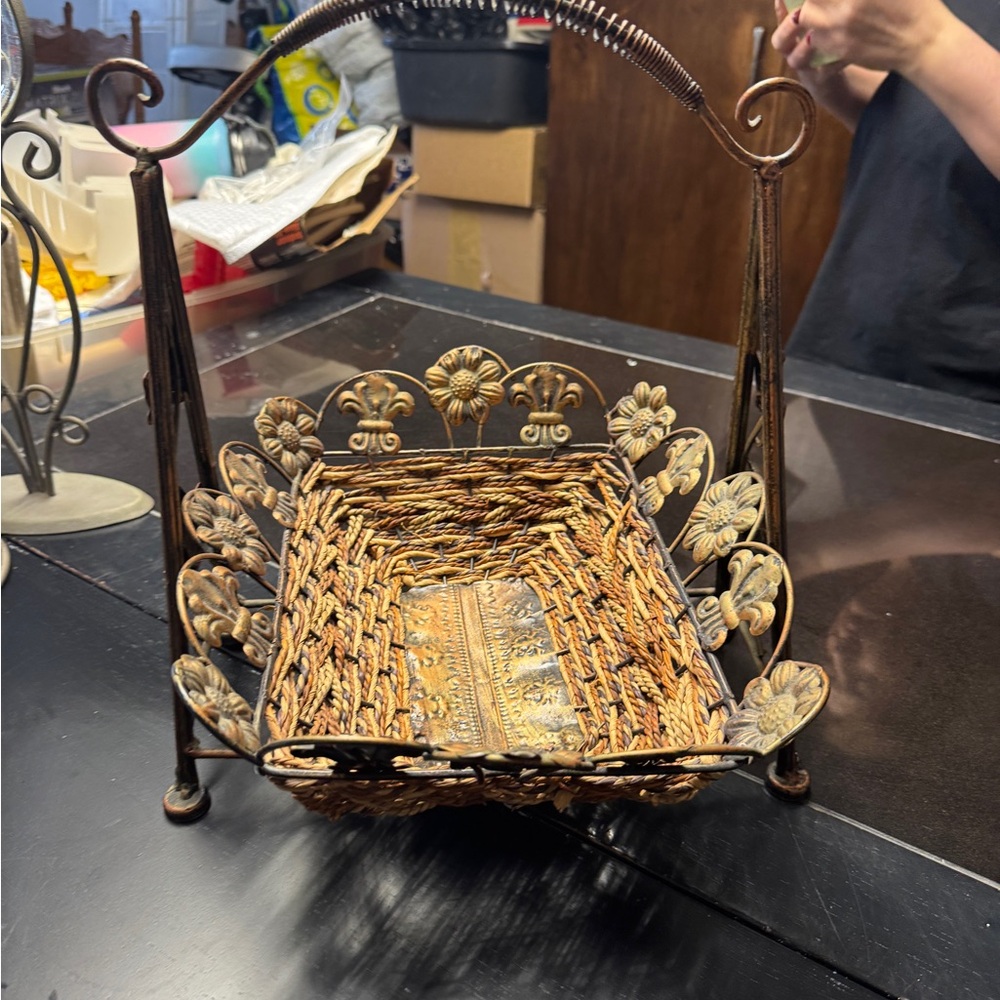 Wicker Basket with Metal Floral Design